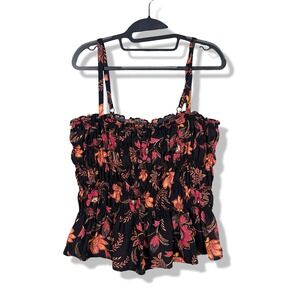 Torrid Floral Smocked Ruffe Cami Top Womens 0X L Black Boho Beachy Stretch